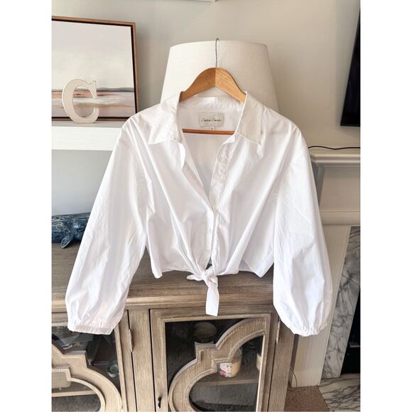 Cara Cara Rumson Top White Button Down Blouse with Tie Front Size Large - Picture 1 of 8